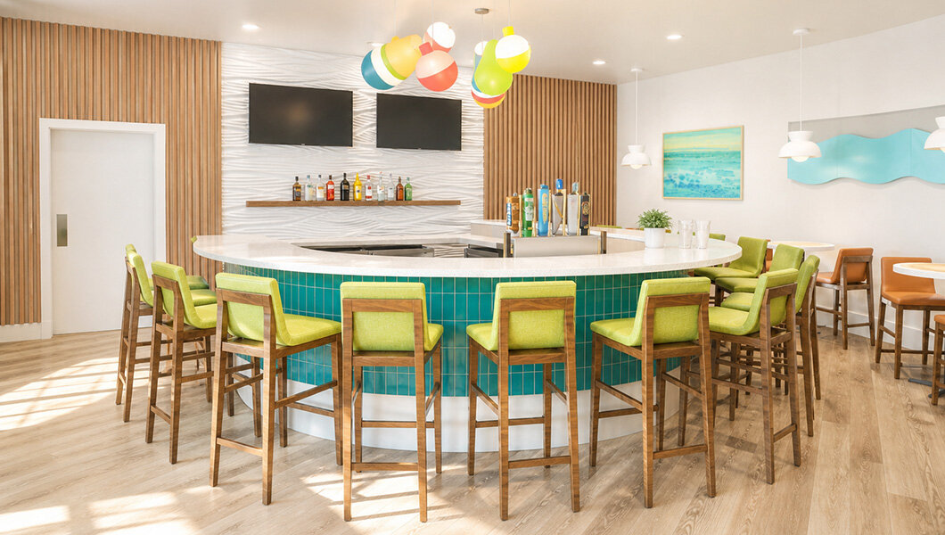 Chairs around a circle bar in a brightly lit room